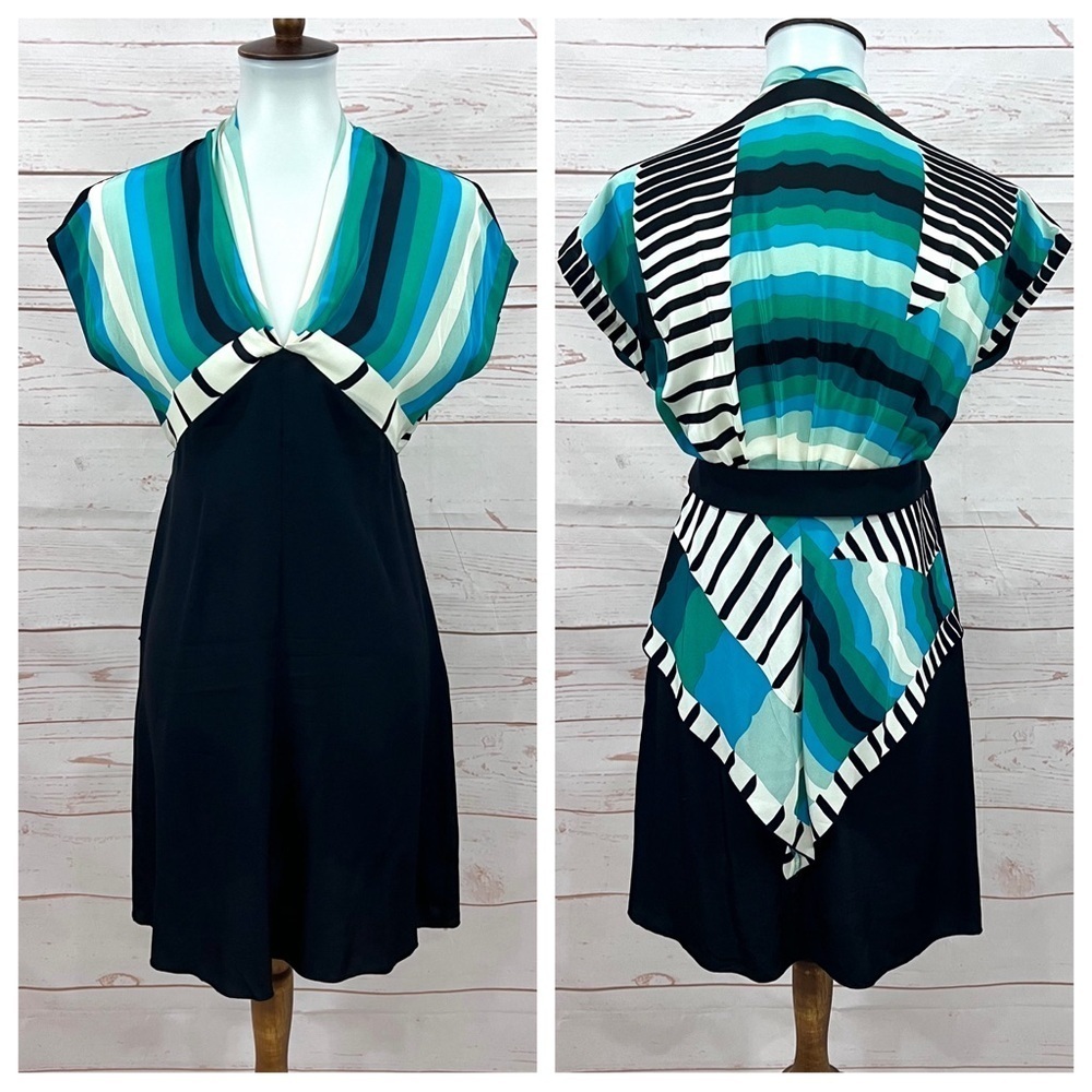 Anna Sui Silk Teal Serape Striped Dolman Sleeve Geometric Peplum Dress - Picture 3 of 11